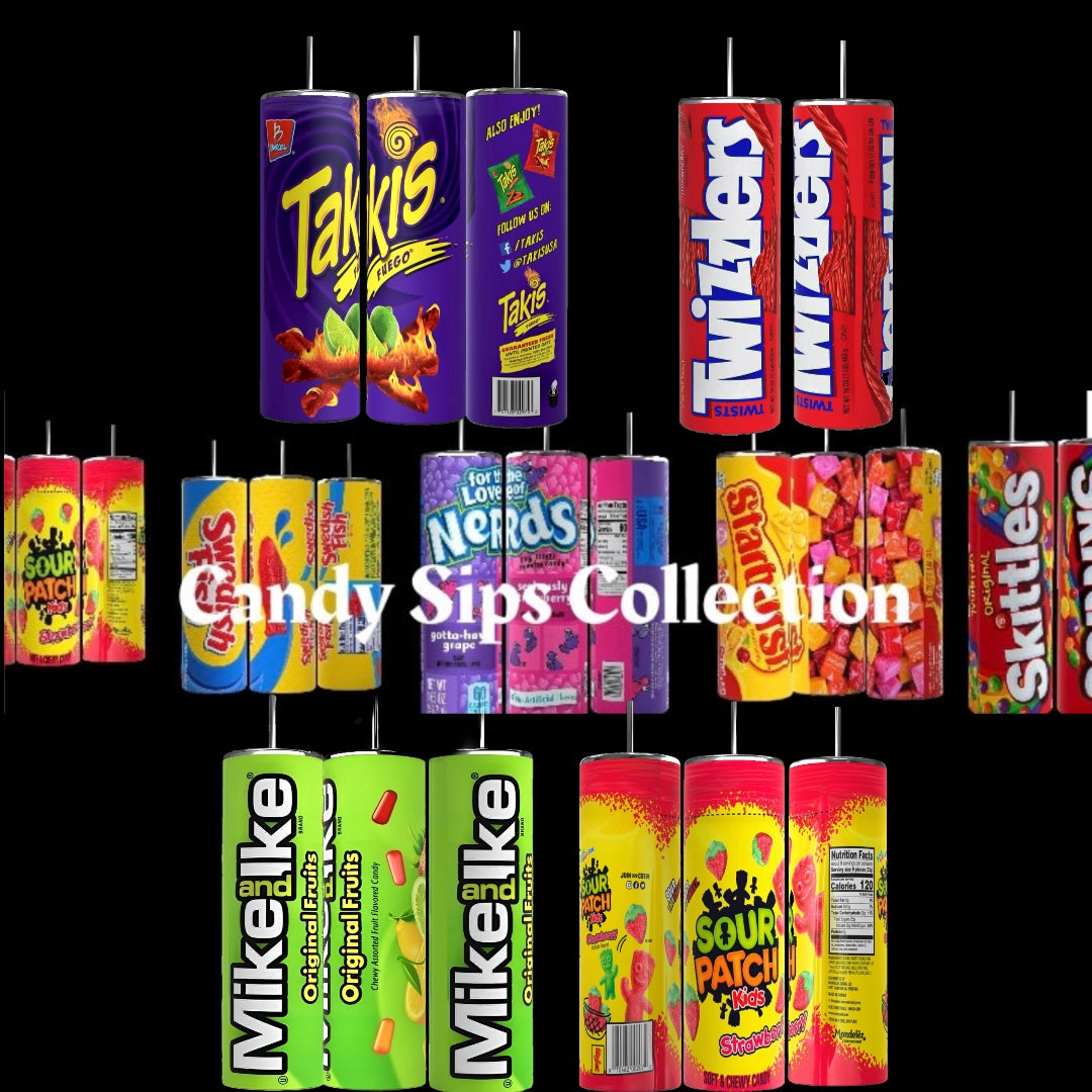 A collection of beverage cans inspired by various candy brands, including Takis, Twizzlers, Nerds, Skittles, Mike and Ike, and Sour Patch Kids. The text "Candy Sips Collection" is displayed in the center.