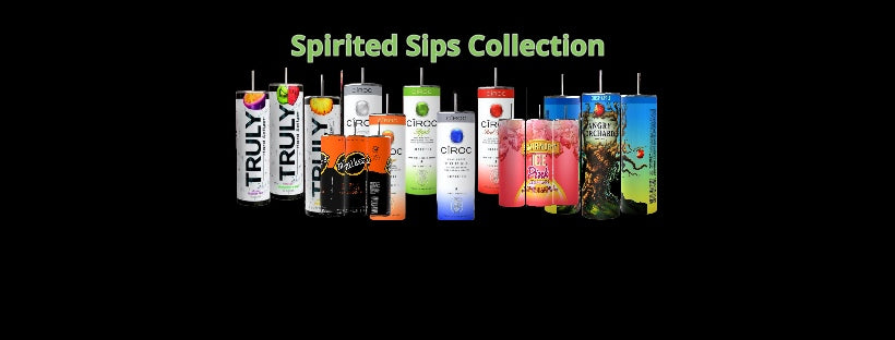 A collection of various flavored alcoholic beverage cans and bottles labeled "Spirited Sips Collection" against a black background.