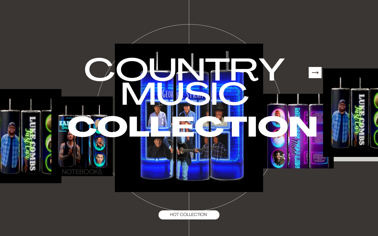 Album display with cylindrical cases featuring various country music covers, labeled "Country Music Collection." Central image highlights a blue-lit section with a person standing inside.