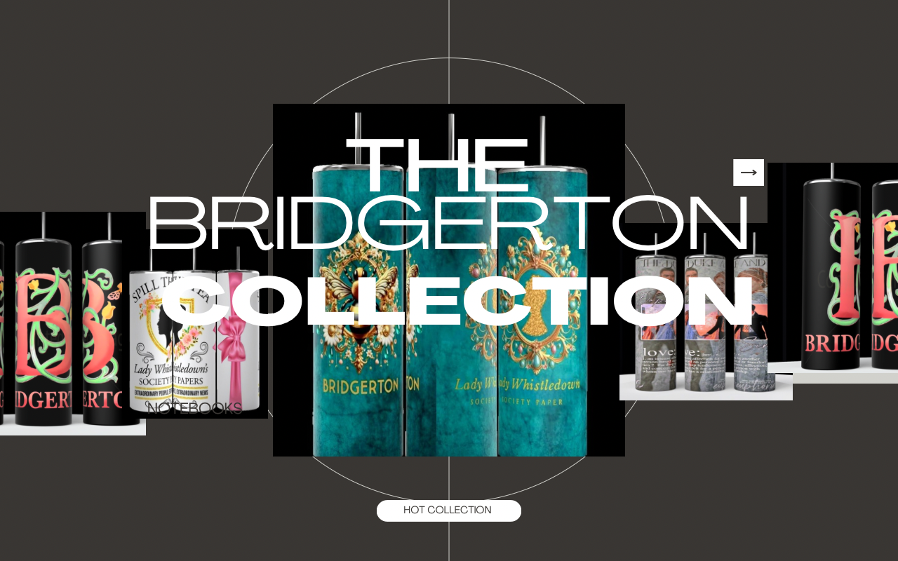 Image of Bridgerton-themed beverage cans arranged stylishly against a dark background. The text "The Bridgerton Collection" is prominently displayed in the center.