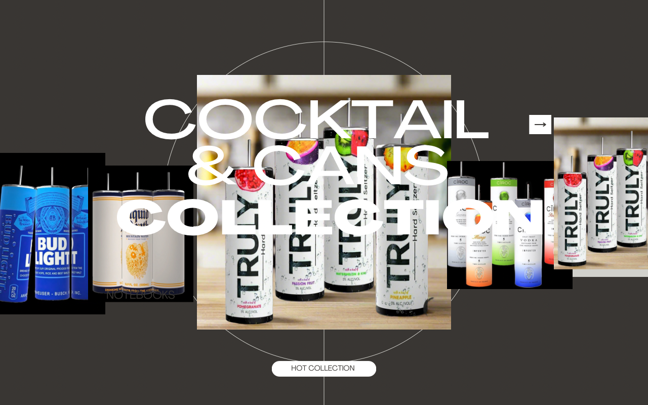 Stylish collage featuring Truly drink cans, Bud Light drinks, candles, and notebooks with the text "Cocktail & Cans Collection" overlay. Each item is presented on a sleek, modern background.