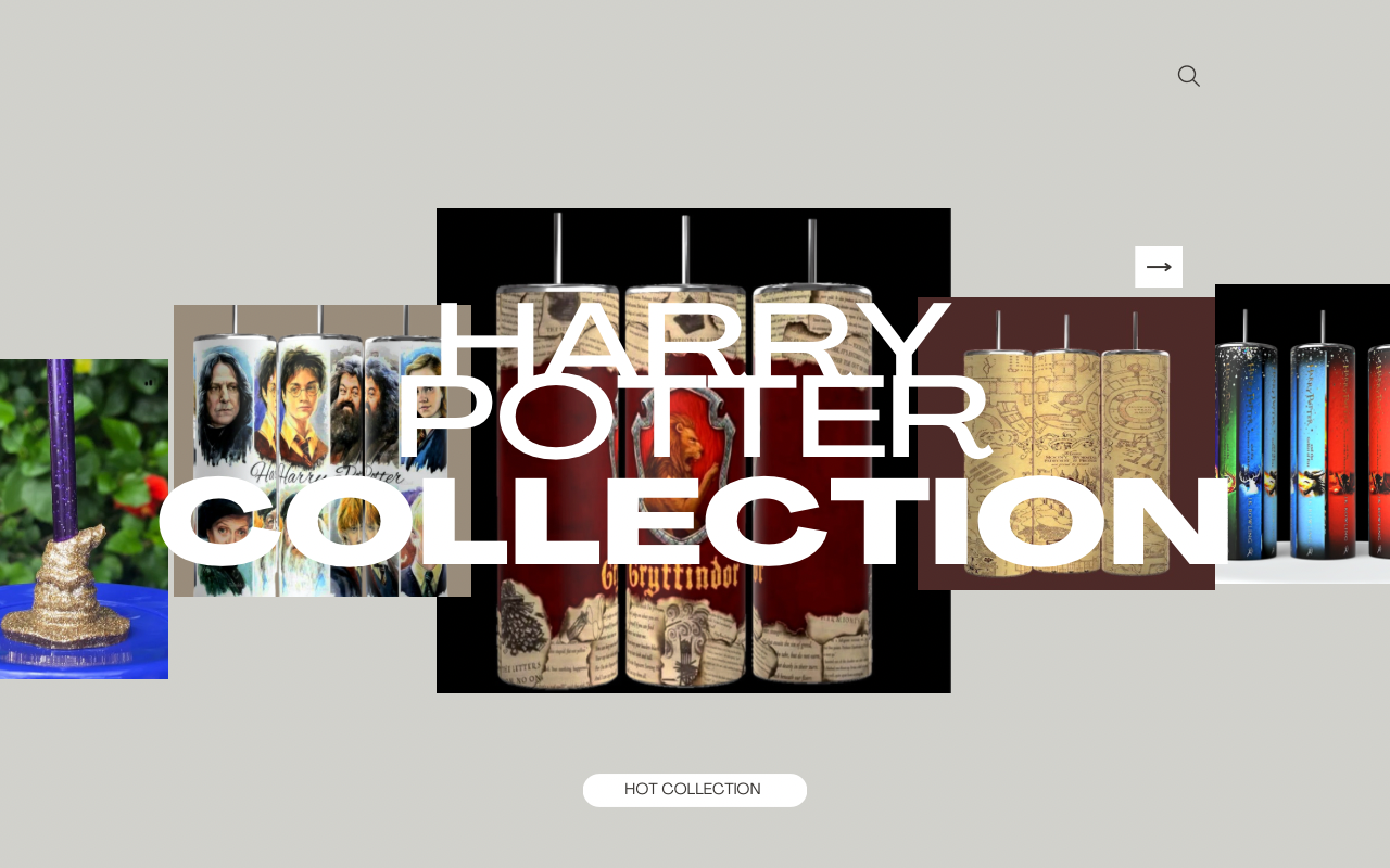 A collage of various candles from the Harry Potter collection, featuring images and themes from the series. Text overlay says "Harry Potter Collection" with the "Hot Collection" button below.