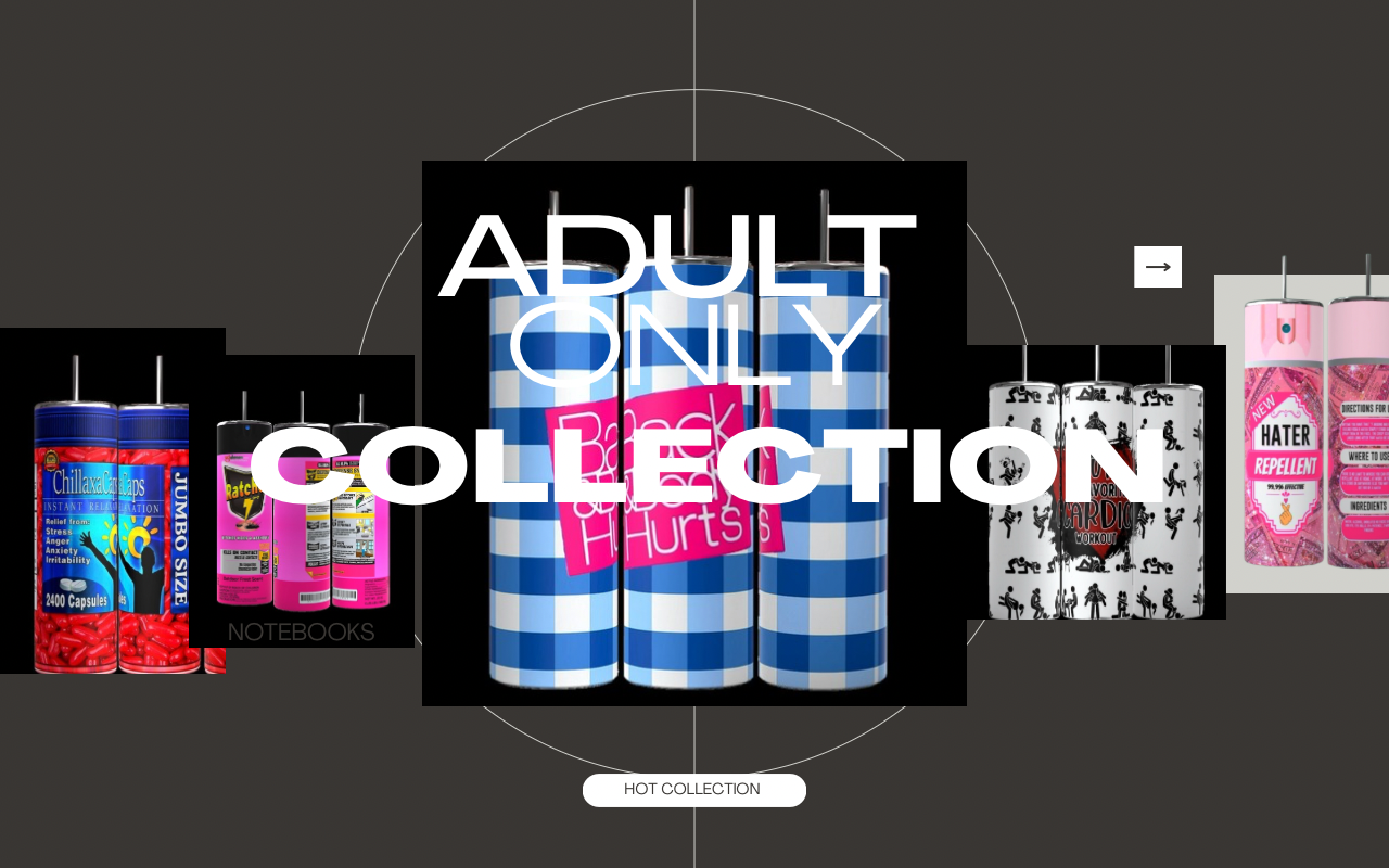 Promotional image featuring blue gingham and red aluminum cans with various designs, labeled "ADULT ONLY COLLECTION" and "HOT COLLECTION.