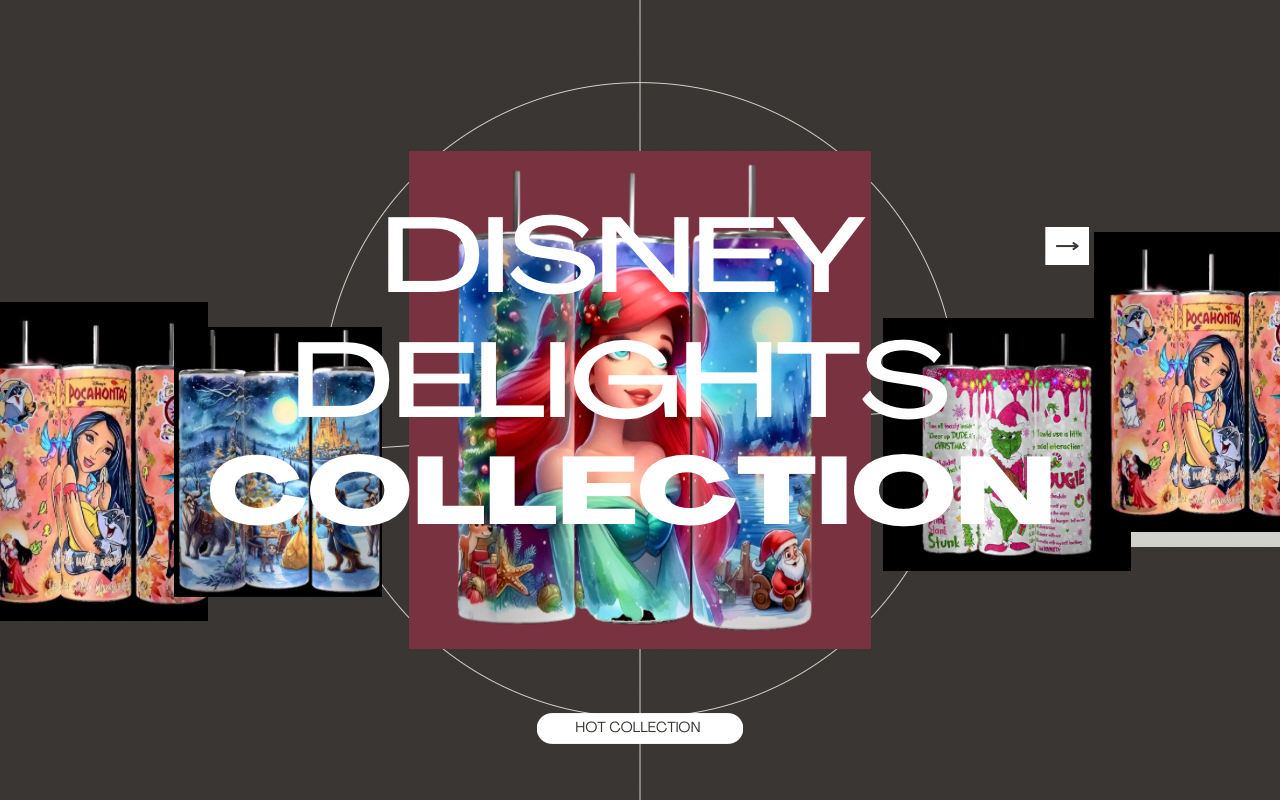 Image featuring a "Disney Delights Collection" promo, showcasing various vibrant Disney-themed designs, including characters like Ariel and Pocahontas. The background is dark, highlighting the colorful prints.