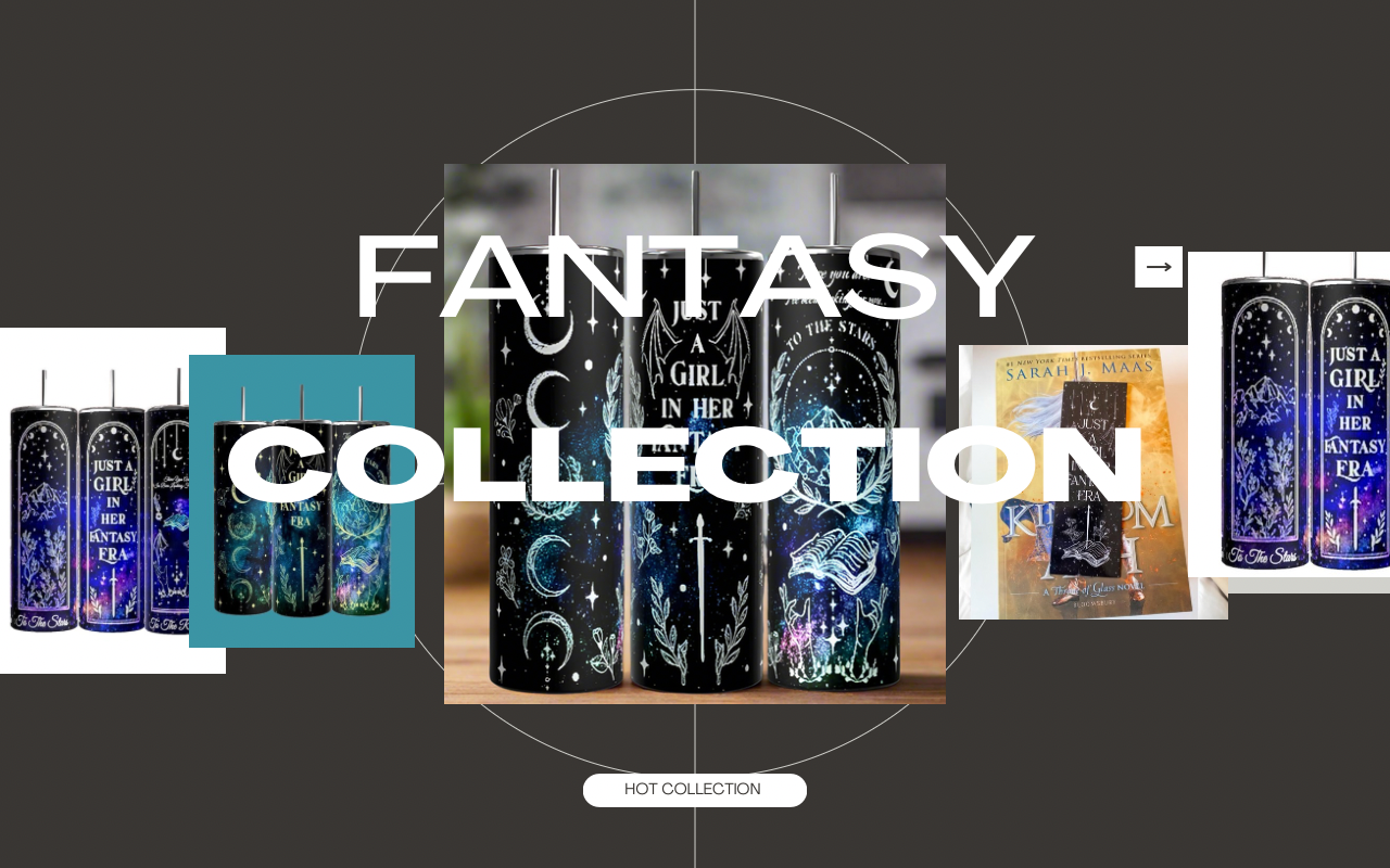 Image of tumbler designs from the "Fantasy Collection," featuring celestial themes and a book titled "Kingdom." The background includes white, gray, and teal elements. Text overlay reads "Fantasy Collection" and "Hot Collection.