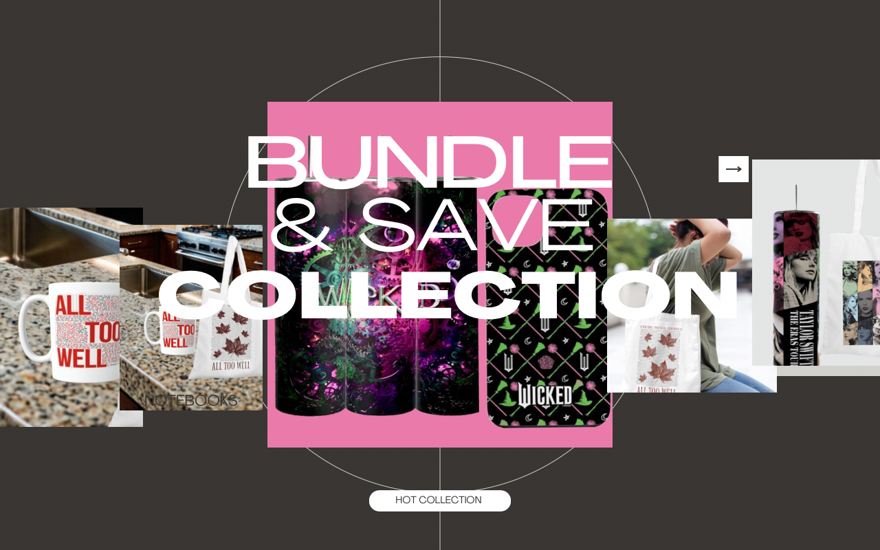 Promotional graphic for "Bundle & Save Collection" featuring various products like mugs, books, and tumblers with artistic designs and text.