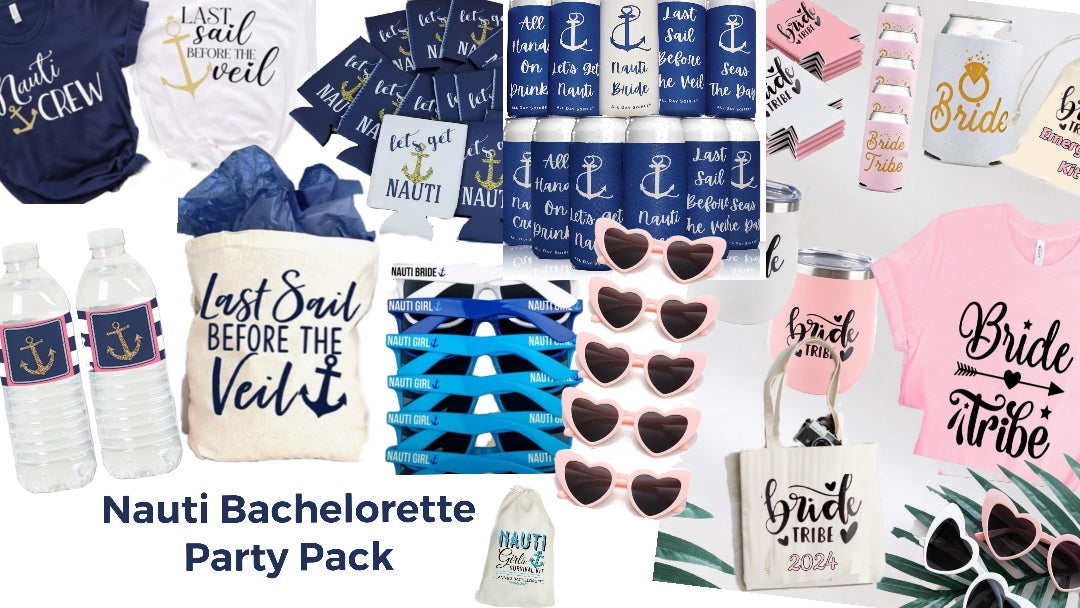 A collage of bachelorette party items, including T-shirts with nautical themes, water bottles, koozies, sunglasses, sashes, and tote bags. The items feature phrases like "Nauti Crew," "Last Sail Before the Veil," and "Bride Tribe.