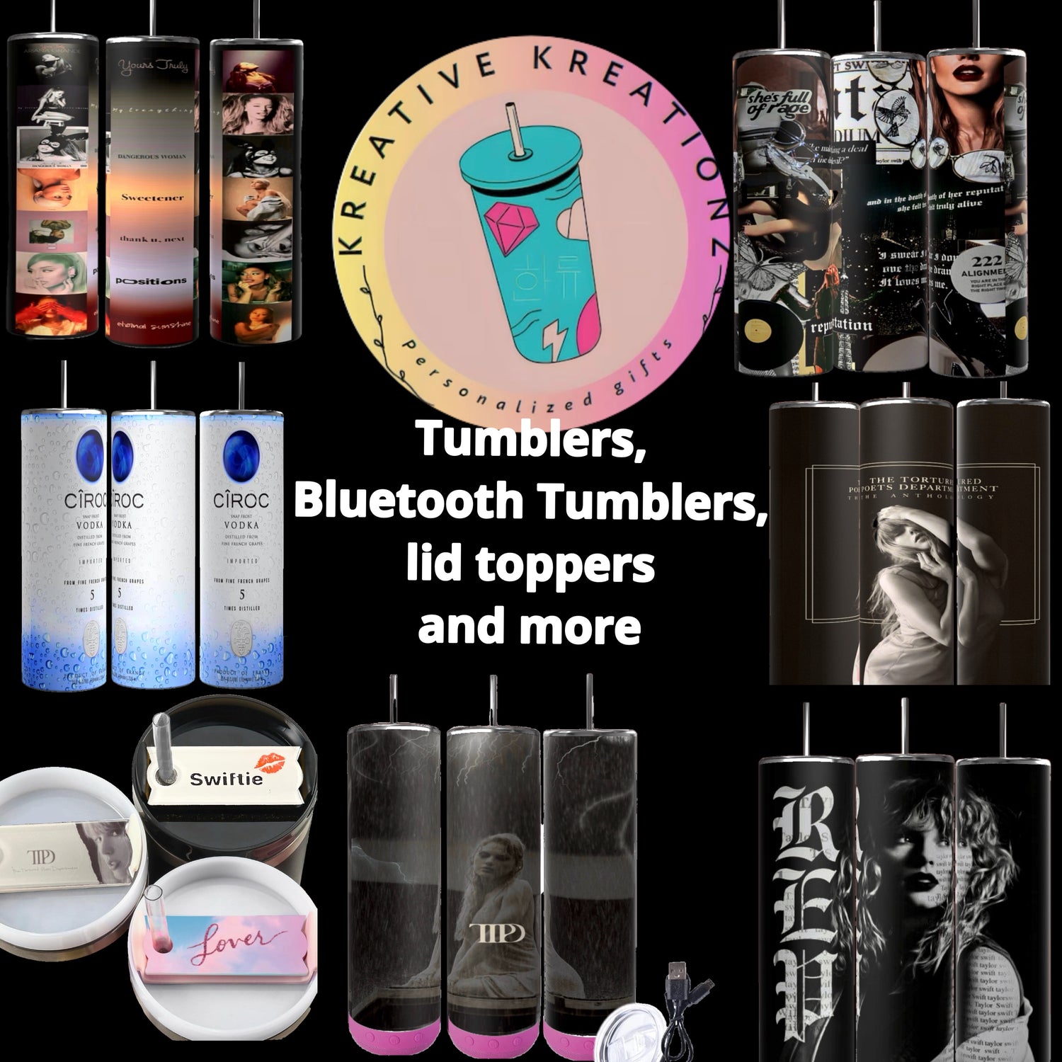 A collage showcases Kreative Kreationz's products including tumblers, Bluetooth tumblers, lid toppers, and more. The central logo features a teal cup with swirly designs, surrounded by various decorated tumblers with diverse prints and colors.