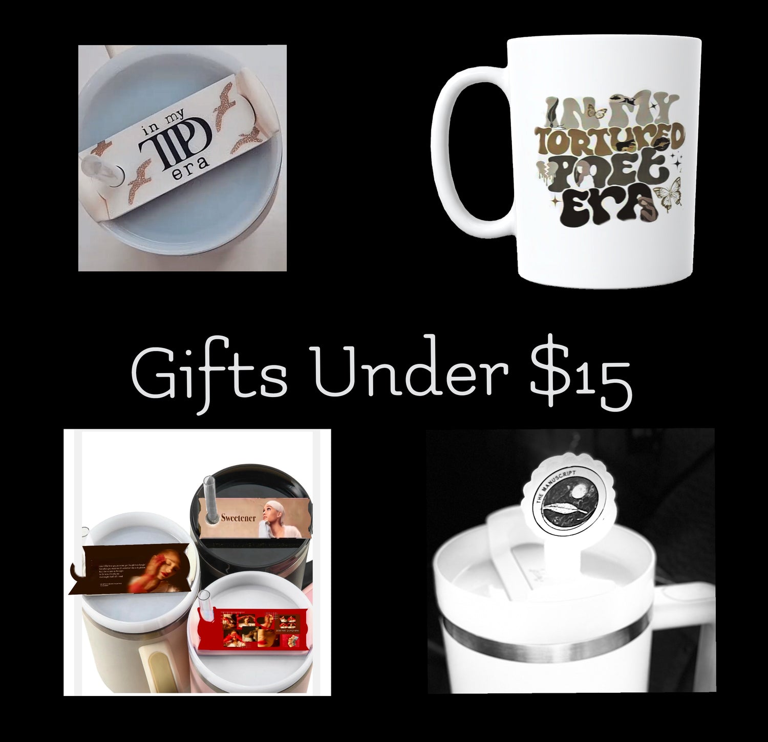 A collage displaying gift ideas under $15. Includes a coaster set labeled "in my era," a white mug with "in my tortured artist era" text, a set of practical mugs with coffee slots, and a milk frother with a detachable whisk. Text: "Gifts Under $15".