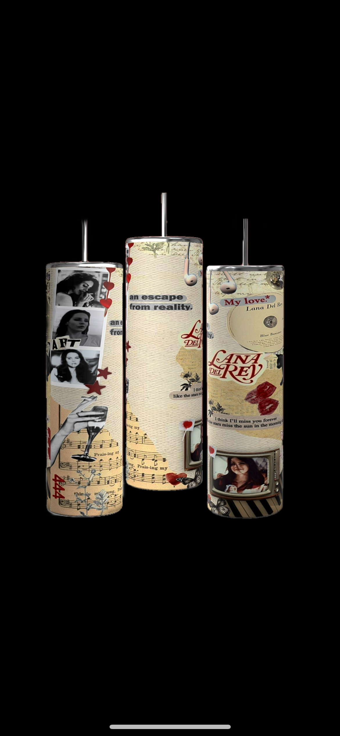 The Lana Del Rey 20oz Stainless Steel Tumblers by Kreative Kreationz feature a collage of images and text on three cylindrical tumblers. Prominent elements include flowers, musical instruments like guitars, and photographs of a woman. The dark background highlights the text reading "Lana Del Rey," "Snow," and other fragmented phrases.