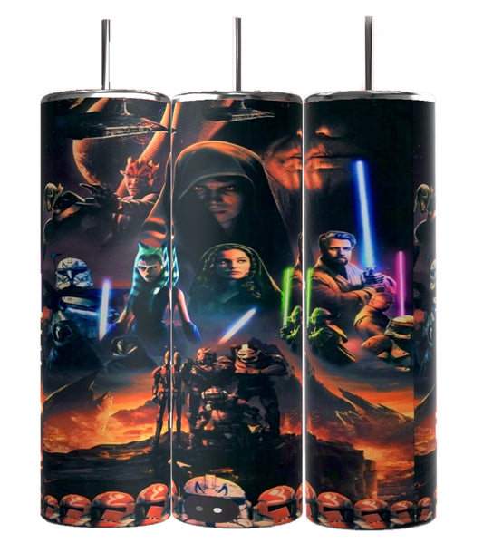 Kreative Kreationz's Star Wars 20oz Tumblers feature vibrant, futuristic designs of characters with glowing swords and armor, set against a red planet with sci-fi elements. Their durable build makes them ideal for any adventurous saga in space.