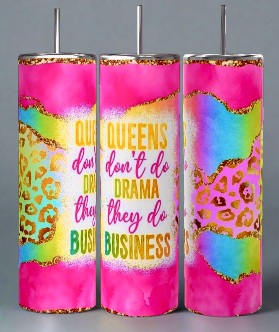 The Boss Lady 20oz Tumbler by Kreative Kreationz features three vibrant, skinny designs—pink, leopard print, and rainbow. With the bold message "Queens don't do drama, they do business," these tumblers celebrate stylish women in business.