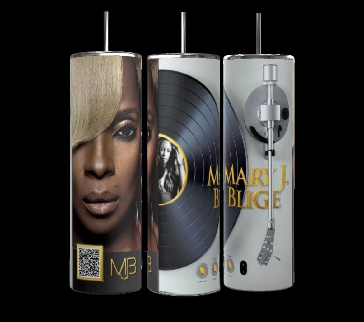 Three stainless steel black cylindrical drink tumblers from Kreative Kreationz, featuring artwork and imagery related to 2Pac's album "All Eyez on Me." The designs include a portrait of 2Pac, the album title, a gold record, and customized active QR code playlists. These 20-ounce Music Tumblers come with black straws and gold accents.