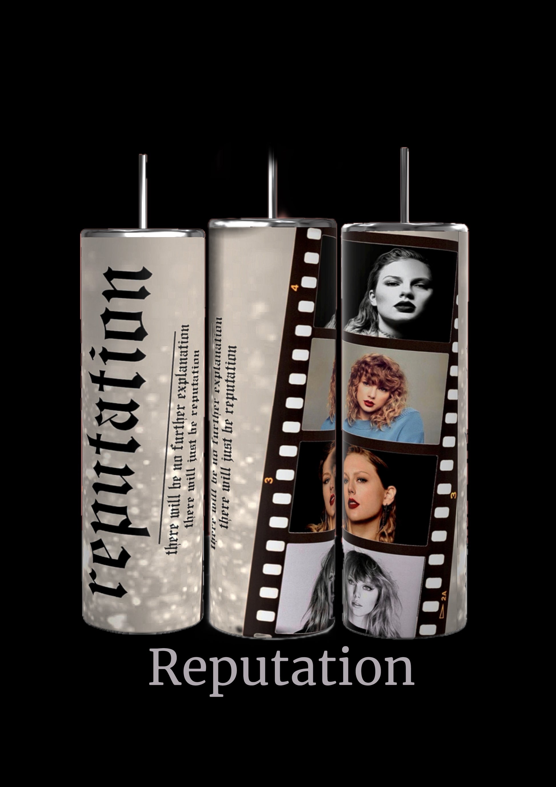 Three Taylor Swift ERAS 20oz Tumblers by Kreative Kreationz against a black background showcase images and text, resembling a film strip with photos of Taylor Swift in various outdoor settings. The word "RED" is prominently displayed on the left, and "nothing but the film was red" is written vertically on the middle tumbler.