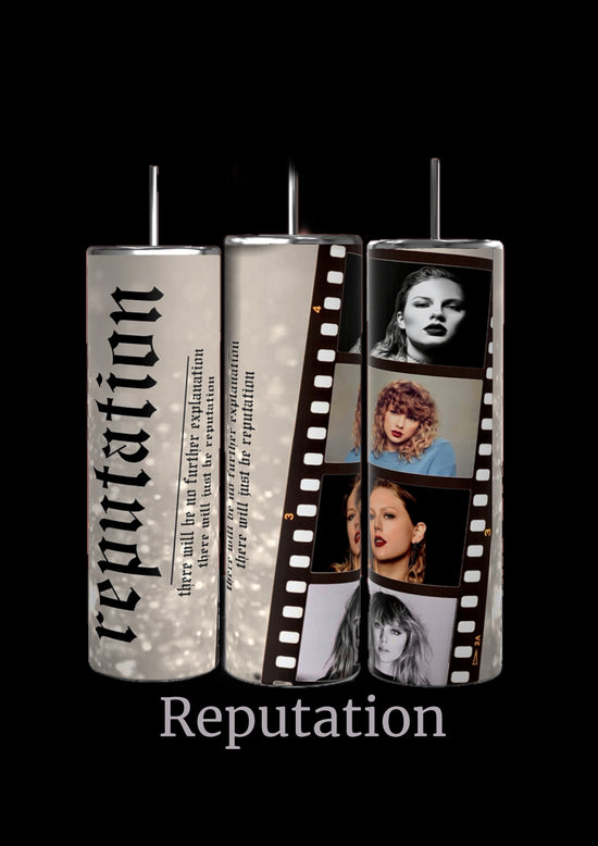 Three Taylor Swift ERAS 20oz Tumblers by Kreative Kreationz against a black background showcase images and text, resembling a film strip with photos of Taylor Swift in various outdoor settings. The word 