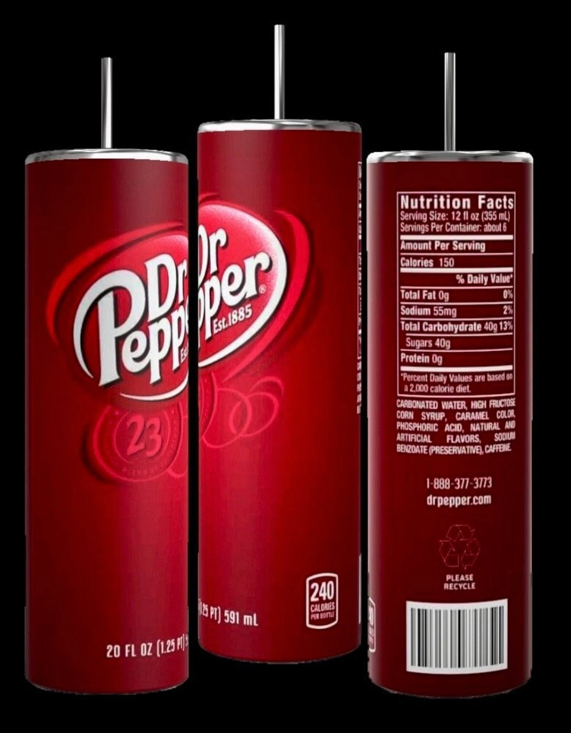 Three red Dr Pepper cans are shown, each displaying different sides. The front can features the Dr Pepper logo with "23 flavors." The middle can showcases the text "Est. 1885," while the rightmost can reveals the nutrition facts, ingredients, and a barcode—all perfectly complemented by your Kreative Kreationz Dr Pepper 20oz Tumbler that keeps beverages hot or cold.