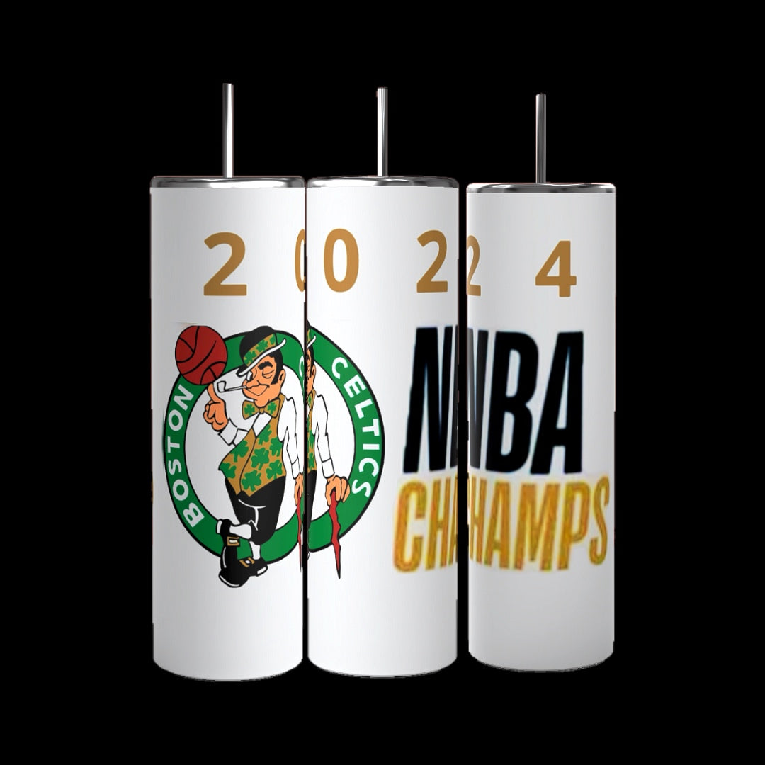 Three white Boston Celtics 2024 Champs Custom 20oz Tumblers by Kreative Kreationz are displayed in a row against a black background. The left tumbler features the Boston Celtics logo, the middle tumbler shows the digits "2024," and the right tumbler has the text "NBA Champs" in bold letters. These personalized tumblers make perfect memorabilia.