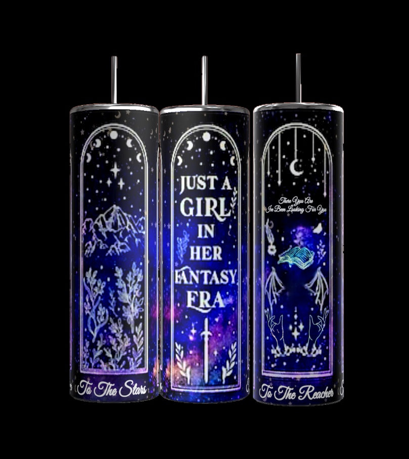 Discover the "Just a Girl" 20oz Tumbler by Kreative Kreationz, a set of three tumblers adorned with enchanting fantasy-themed designs. Each tumbler, equipped with a spill-proof lid, features text such as "Just a girl in her fantasy era" and "To the stars, to the reader." The artistic design includes mountains, constellations, swords, and celestial imagery in a cosmic palette.