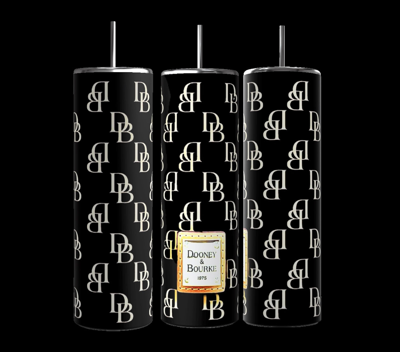 A stylish Dooney and Bourke - Black 20oz Tumbler by Kreative Kreationz is shown, featuring a black design with repeating white "DB" initials. The center showcases a gold-bordered label that reads "Dooney & Bourke 1975" in black. This tumbler includes double-wall insulation and comes with a reusable silver metal straw that fits at the top.