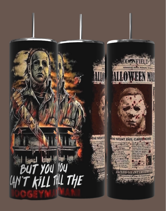 Kreative Kreationz presents the Michael Myers Halloween 20oz Tumbler, perfect for creating an eerie atmosphere. This spooky drinkware features designs of a masked figure with a knife, a creepy house, and newspaper-style clippings with ominous text and blood-splattered faces.