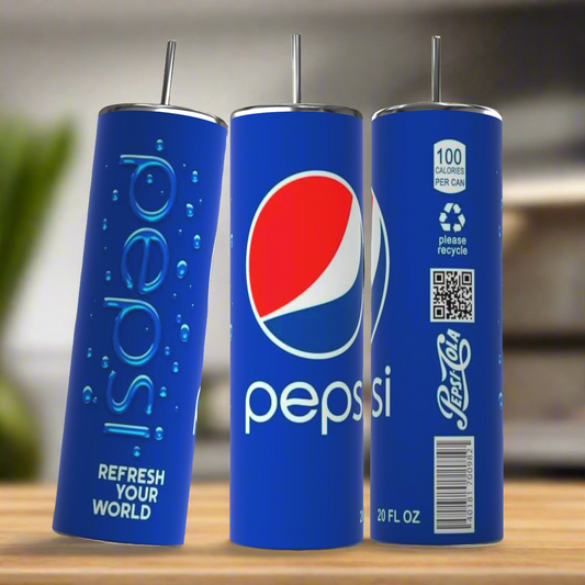 Three blue Pepsi-styled tumblers are displayed. The front tumbler features the iconic Pepsi logo with a red, white, and blue design. The left tumbler displays "Pepsi" vertically with "Refresh Your World" at the bottom. The right tumbler showcases nutritional information, a recycle symbol, and a 20 FL OZ label next to a spill-proof lid. These tumblers are branded as Kreative Kreationz's Pepsi 20oz Skinny Tumblers made from Stainless Steel with Double Wall Insulation.