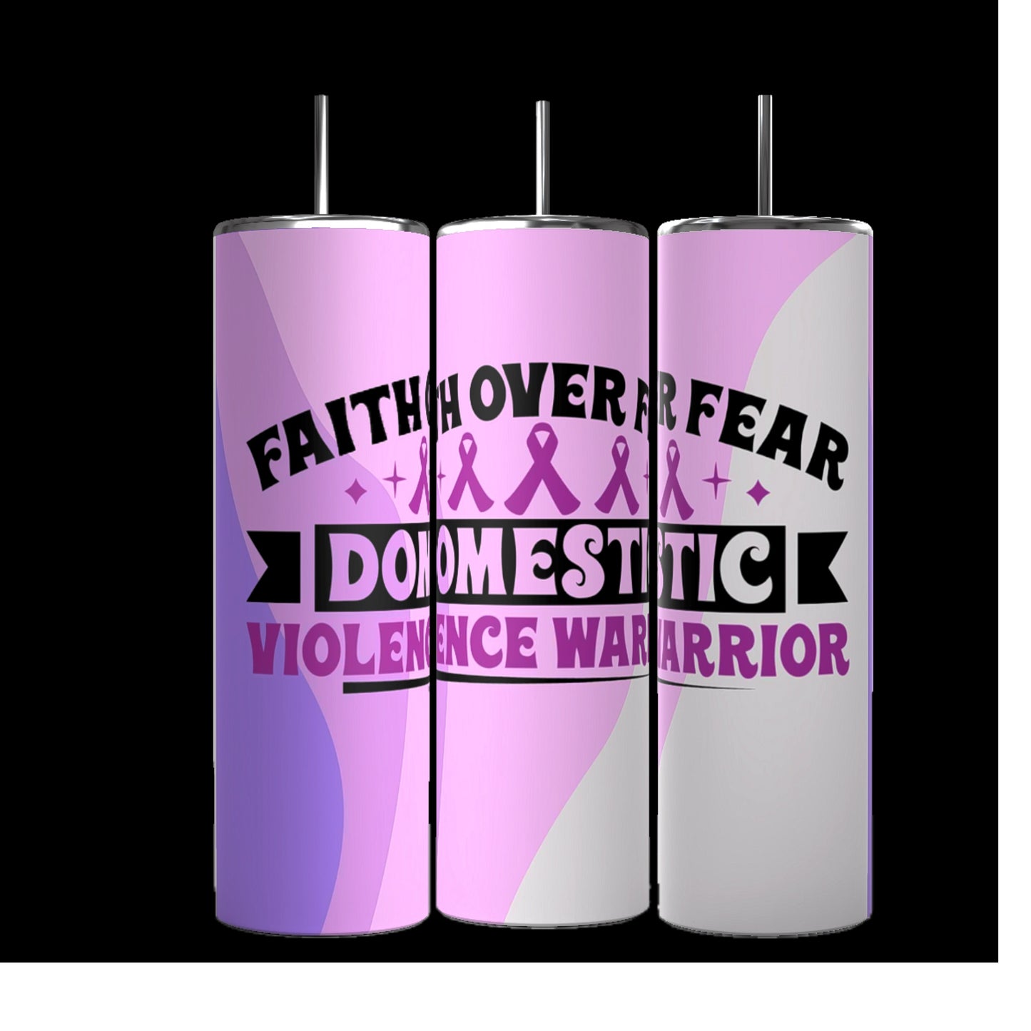 Three tall, cylindrical 20oz tumblers from Kreative Kreationz feature a purple tie-dye background. The text across the tumblers reads "Mama of a Warrior" with a ribbon and "Domestic Violence Awareness" underneath, promoting awareness for domestic violence while keeping beverages hot or cold. The product is part of the Domestic Violence Awareness collection and includes 2 designs available.