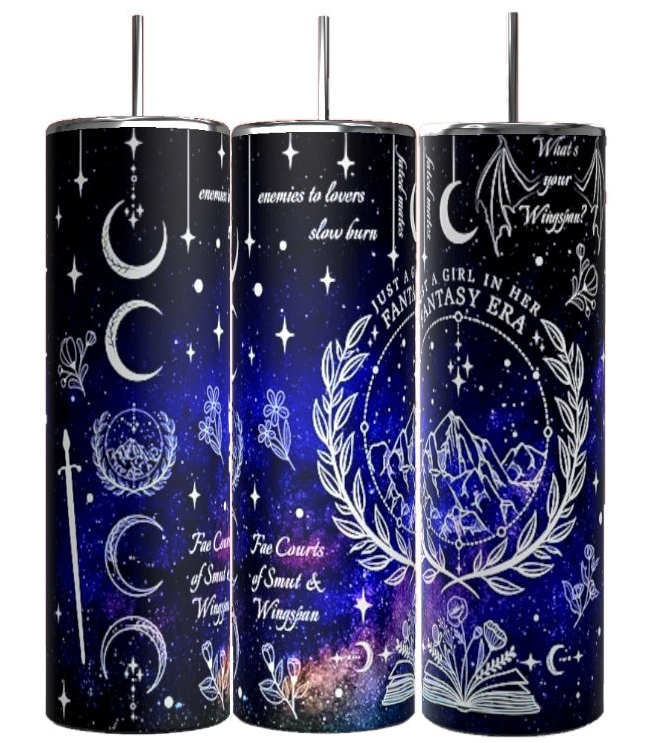 Kreative Kreationz presents the "Just a Girl Fantasy Era" 20oz Tumbler, with three cylindrical designs showcasing a starry galaxy motif. Each tumbler is adorned with celestial elements like moons and stars, alongside whimsical quotes such as "enemies to lovers slow burn" and "Just a girl in her fantasy era," all while effectively maintaining your drinks at the perfect temperature.