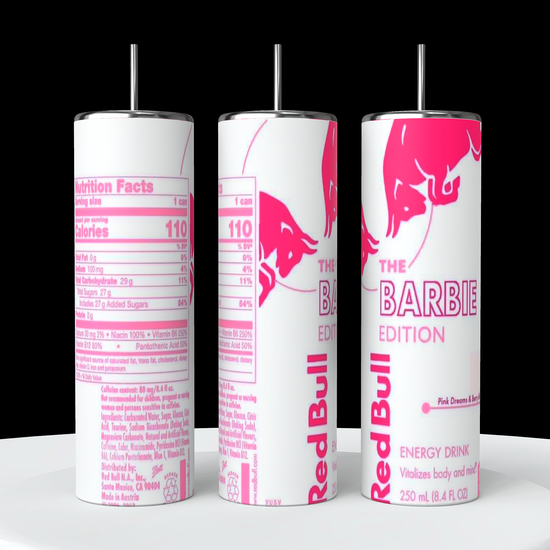 Three Barbie Edition 20oz Tumblers from Kreative Kreationz are showcased, each featuring a predominantly white design with pink text and graphics, including the iconic Red Bull logo and Barbie branding. This vibrant design is complemented by a reusable straw, making it perfect for sipping on the go. Nutritional facts appear on one of the tumblers.