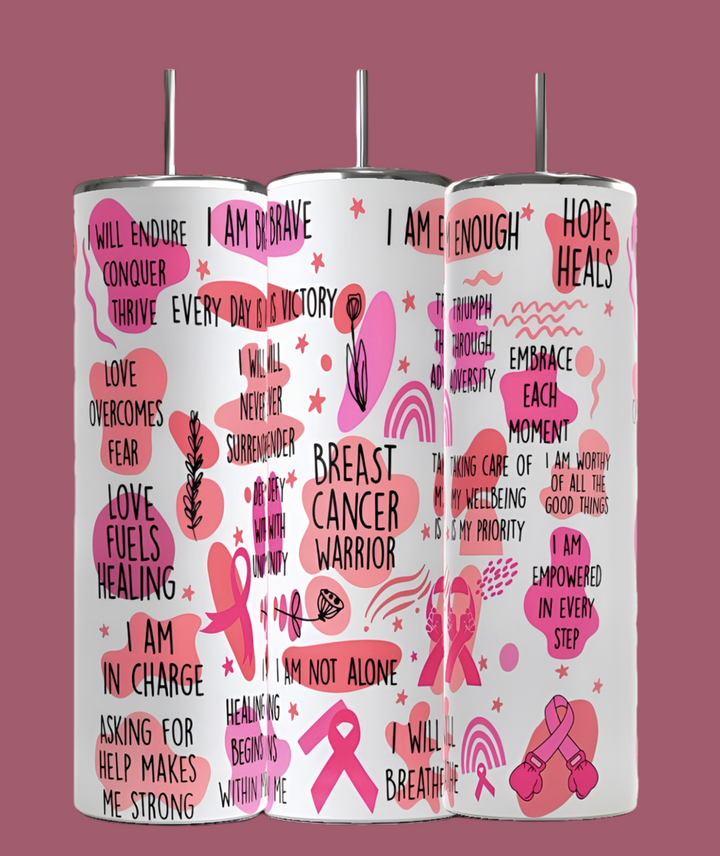 Kreative Kreationz's Breast Cancer Survivor 20oz Skinny Tumblers feature high-quality pink sublimation with designs and phrases like "I Am Brave," "Breast Cancer Warrior," and "Love Overcomes Fear," all on a solid pink background, enhancing their stylish double-wall insulation.