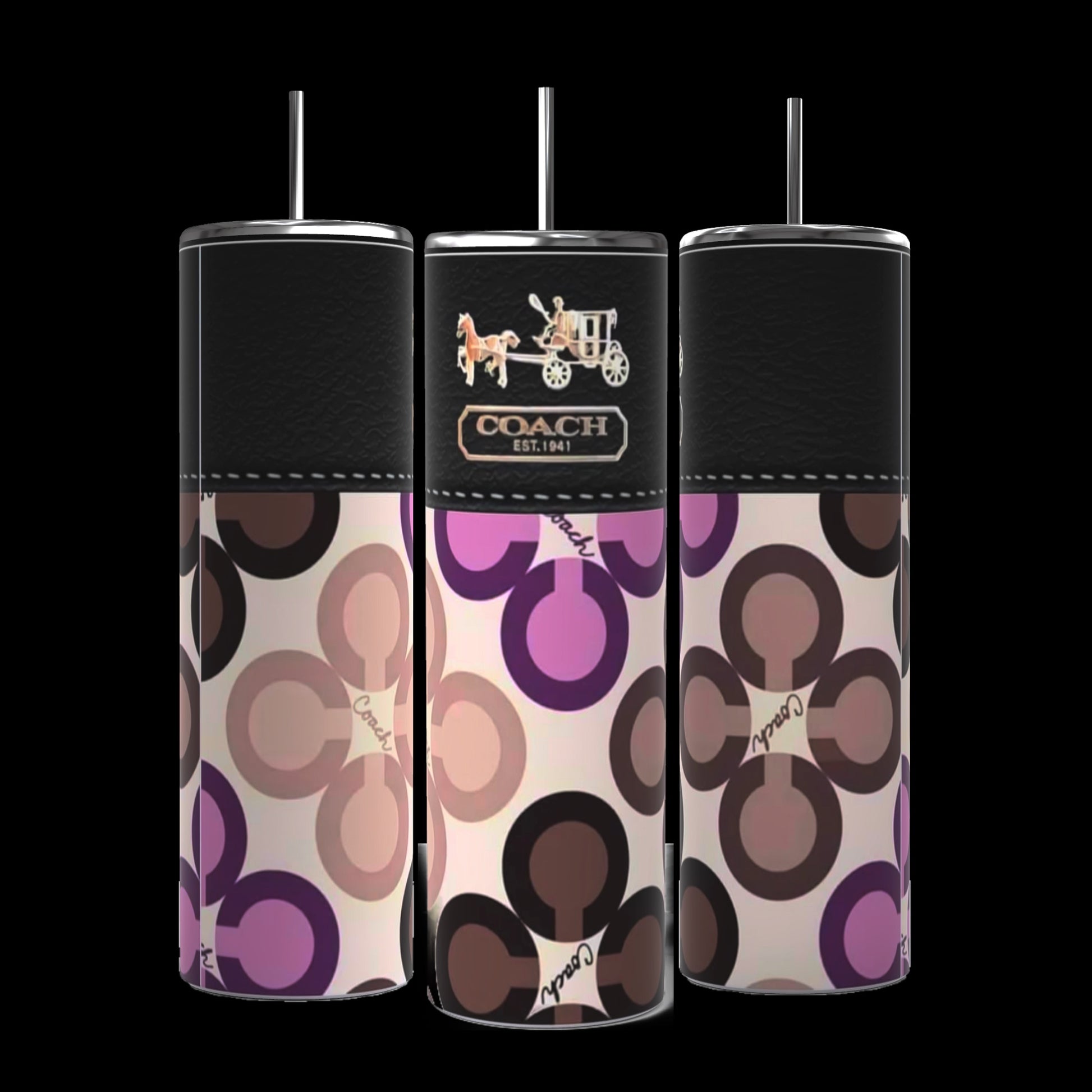 Three Kreative Kreationz Coach Designed 20oz Tumblers with spill-proof lids and reusable straws are shown. The tumblers have a black upper section with the Coach logo and horse-drawn carriage emblem. The lower section features a colorful pattern of interlocking shapes in shades of purple, pink, and brown.