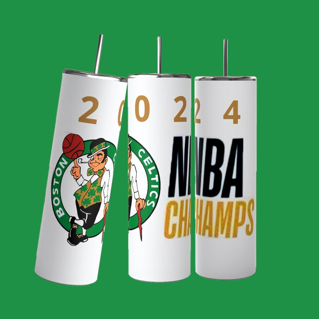 Three stainless steel tumblers are displayed on a green background. Each Kreative Kreationz Boston Celtics 2024 Champs Custom 20oz Tumbler features part of a design that, when combined, reads "2024 NBA CHAMPS" with the Boston Celtics logo. With a 20 oz capacity and spill-proof lids, these tumblers also come with metal straws.