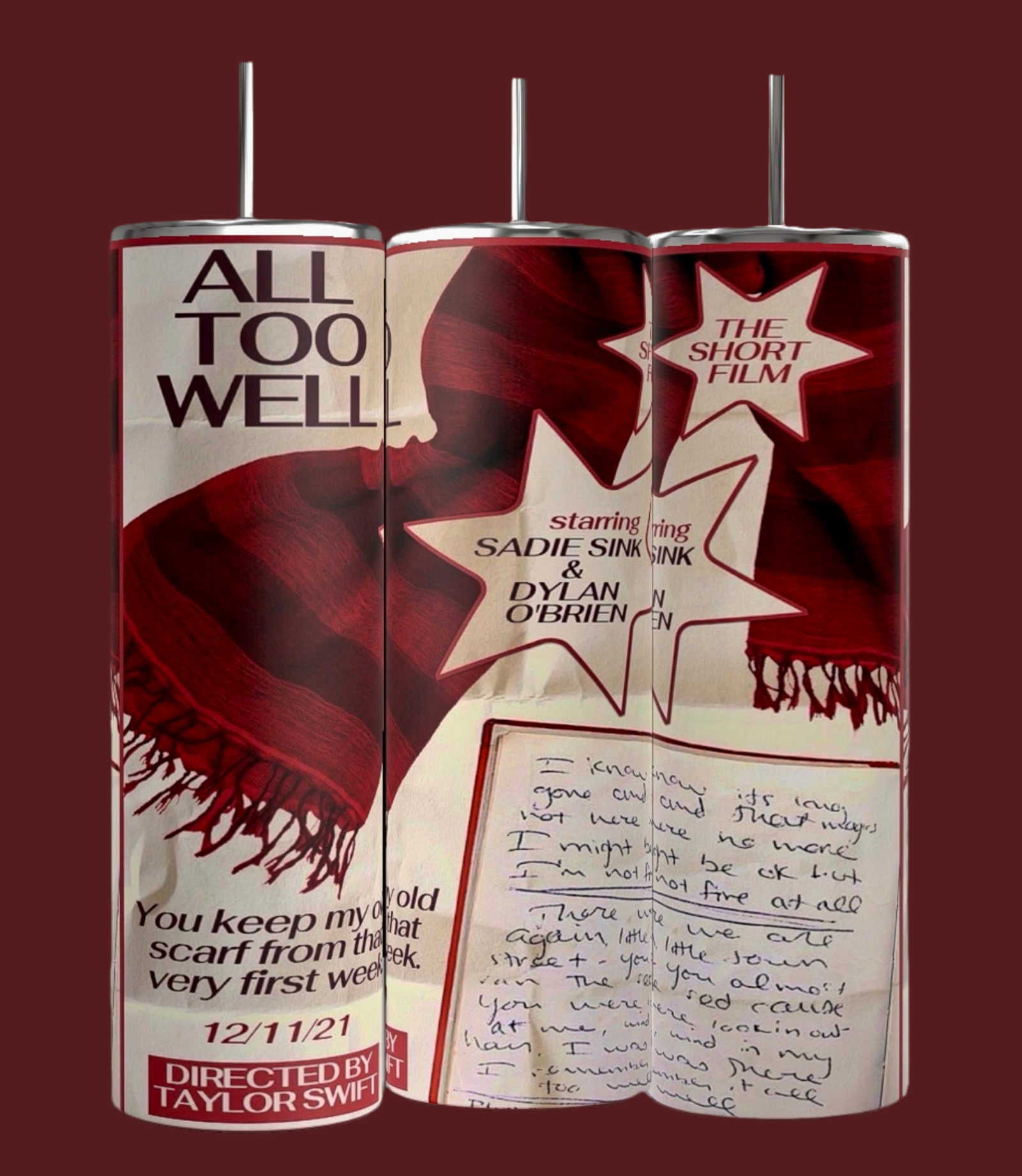 Experience the magic of Taylor Swift's "All Too Well" short film with this set of three 20oz tumblers by Kreative Kreationz. Each tumbler features stunning designs inspired by the red scarf imagery, heartfelt text about the short film starring Sadie Sink and Dylan O'Brien, and handwritten lyrics from the song. The maroon background adds a touch of elegance to these tumblers, which also come with spill-proof lids for your convenience. Celebrate the film directed by Taylor Swift, commemorated on 12/11/21.