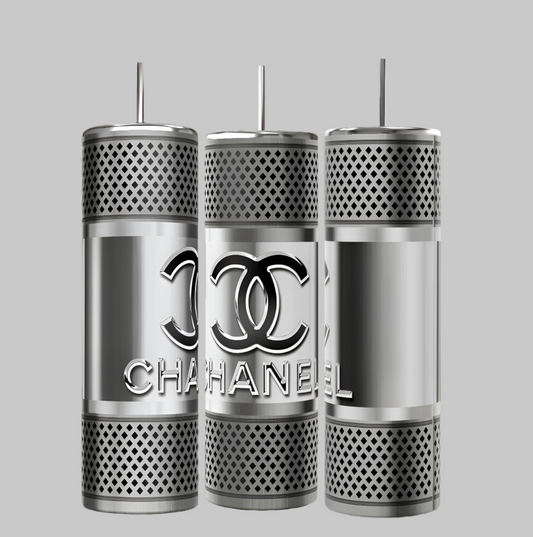 Three silver cylindrical objects with perforated patterns, reminiscent of the Chanel Silver Stainless Steel 20oz Tumbler by Kreative Kreationz, are displayed against a gray background. One features a stylized interlocking "C" and the word "CHANEL" in raised letters.