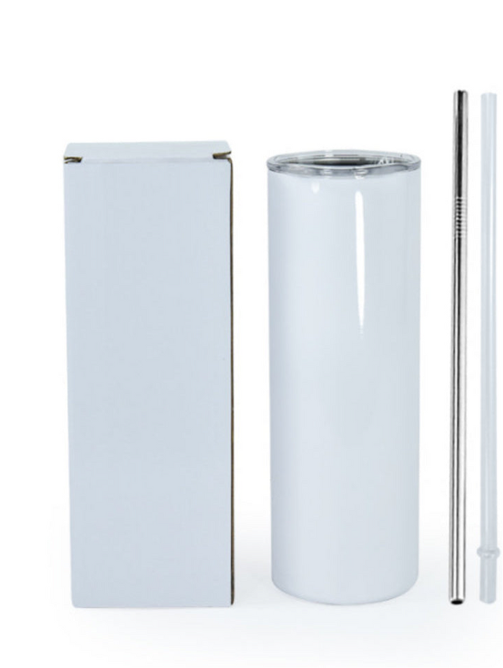 The 87 Chiefs | Taylor Swift 20oz Skinny Tumbler by Kreative Kreationz, in blank white, is placed between a plain box and two reusable straws—one metal and one clear plastic.