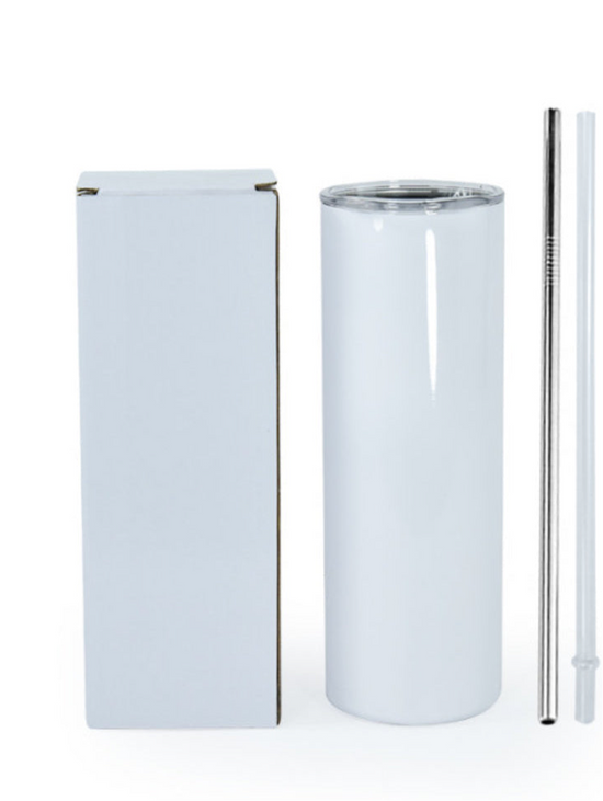 The 87 Chiefs | Taylor Swift 20oz Skinny Tumbler by Kreative Kreationz, in blank white, is placed between a plain box and two reusable straws—one metal and one clear plastic.