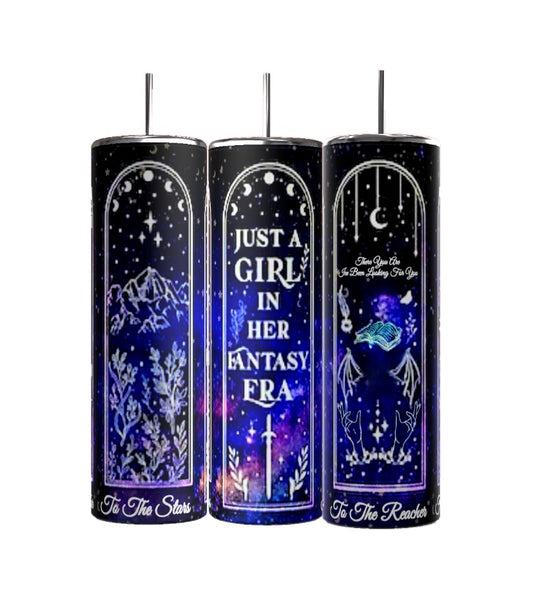 Set of three tall, cylindrical tumblers adorned with vibrant celestial designs and spill-proof lids. The centerpiece is the Kreative Kreationz "Just a Girl" 20 oz tumbler, featuring the phrase "Just a girl in her fantasy era" surrounded by stars, moons, and floral patterns on a dark blue background.