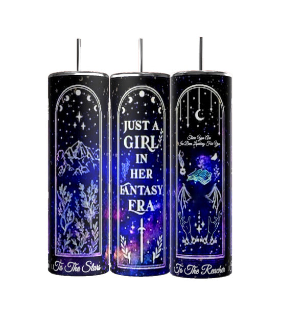 Set of three tall, cylindrical tumblers adorned with vibrant celestial designs and spill-proof lids. The centerpiece is the Kreative Kreationz 