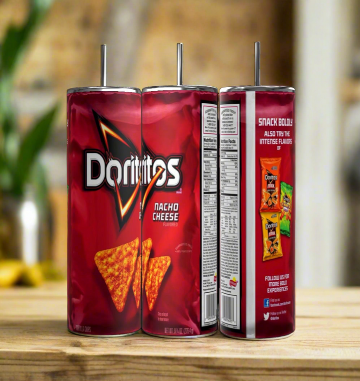 Three tall Kreative Kreationz Doritos bacho 20oz Stainless Steel Skinny Tumblers in vibrant red feature "Nacho Cheese" branding. The left shows a logo with chips, the center has nutritional info, and the right displays other flavors and social media icons.