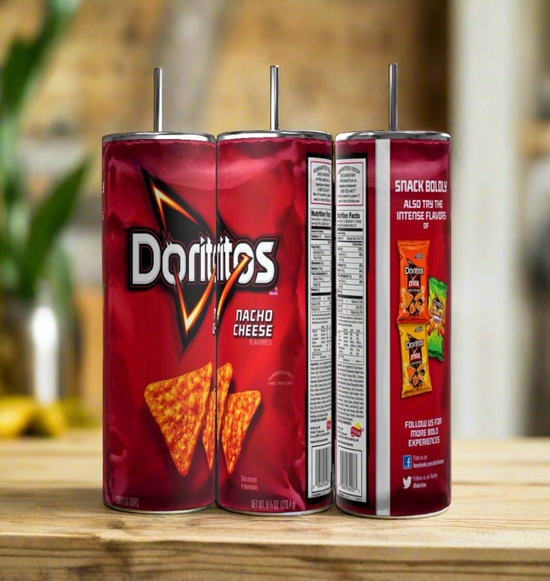 Three tall Kreative Kreationz Doritos bacho 20oz Stainless Steel Skinny Tumblers in vibrant red feature 