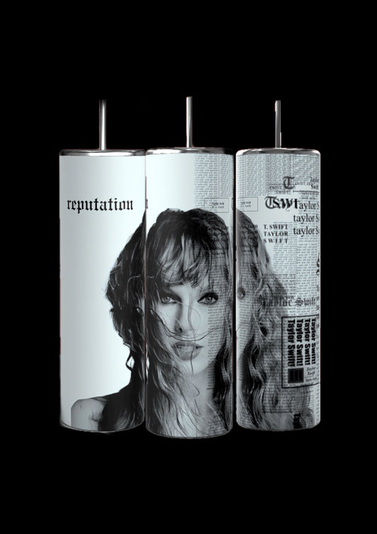 Three Tea Bridgerton 20oz Stainless Steel Tumblers by Kreative Kreationz are shown. The left two display silhouettes of women, flowers, and the text "Spill the Tea - Lady Whistledown’s Society Papers - Extraordinary People, Extraordinary News." The right tumbler features a large pink ribbon and bow design. Each tumbler includes a reusable straw.