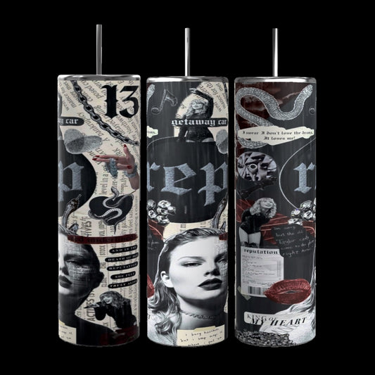 Three tall, cylindrical Taylor Swift Rep Collage 20oz Tumblers from Kreative Kreationz feature a striking array of text and images. The design includes text such as "13," "reputation," and various fragmented phrases, along with images of a woman's face, barbed wire, and snakes that lend an edgy vibe. With durable construction, these tumblers maintain beverages at the desired temperature for hours.