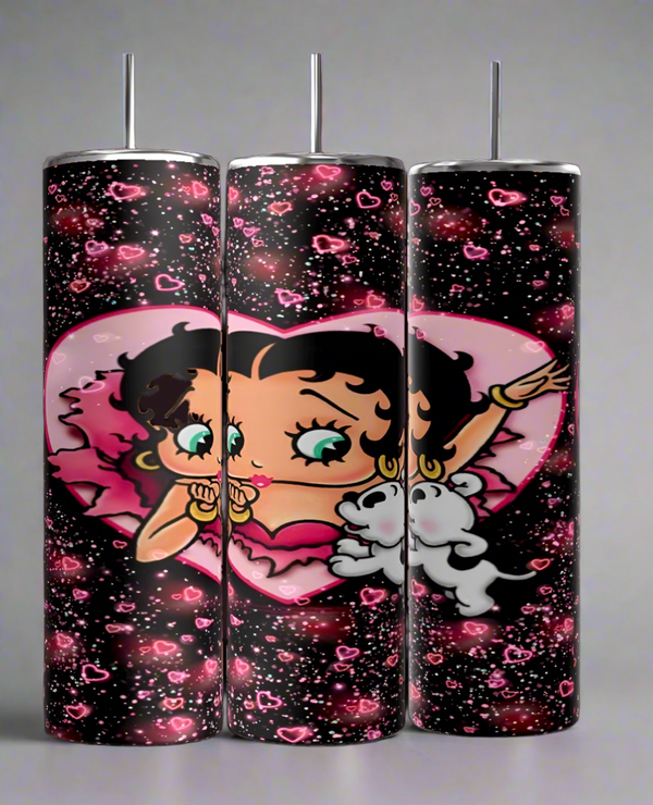 The Betty B 20oz Skinny Tumbler by Kreative Kreationz features a cylindrical design with a cartoon character and small dog set against a dark backdrop adorned with pink hearts and sparkles, capturing the essence of the iconic character within a large pink heart.