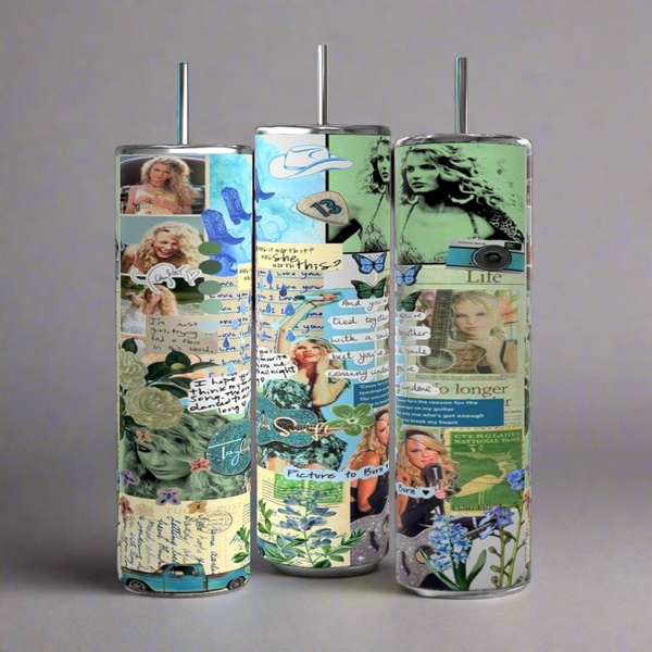 The Debut Collage Taylor Swift 20oz Tumbler by Kreative Kreationz offers a durable, tall cylindrical design with vibrant green, blue, and beige colors. It features collage designs of women, text snippets, butterflies, flowers, and cameras in unique arrangements reminiscent of artful candles.