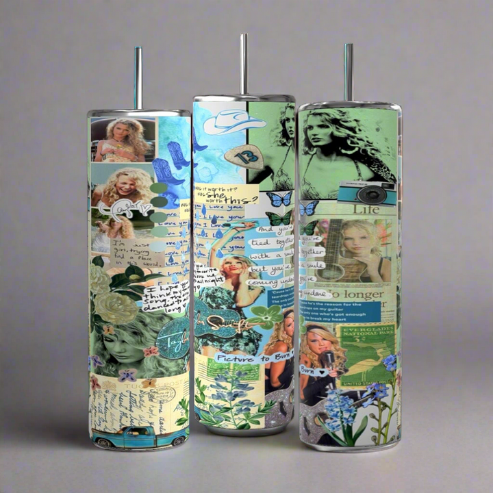 The Debut Collage Taylor Swift 20oz Tumbler by Kreative Kreationz offers a durable, tall cylindrical design with vibrant green, blue, and beige colors. It features collage designs of women, text snippets, butterflies, flowers, and cameras in unique arrangements reminiscent of artful candles.