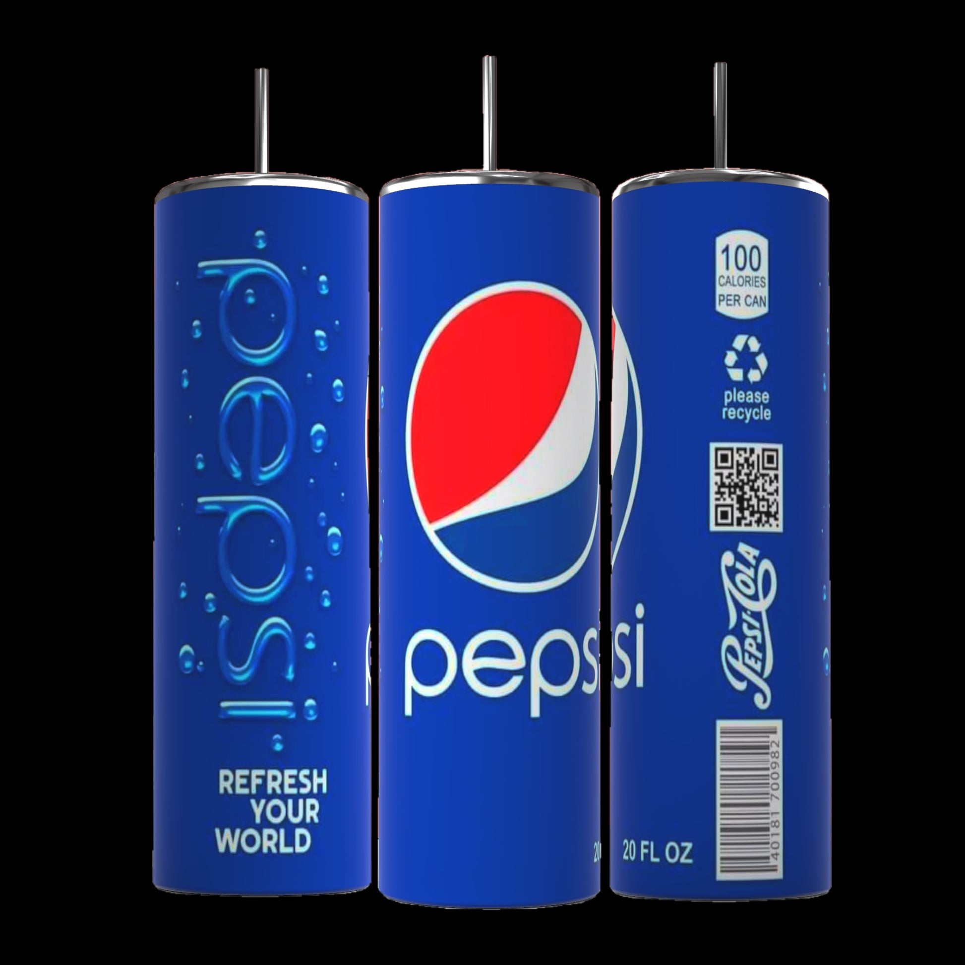 Three blue Pepsi-styled tumblers are displayed. The front tumbler features the iconic Pepsi logo with a red, white, and blue design. The left tumbler displays "Pepsi" vertically with "Refresh Your World" at the bottom. The right tumbler showcases nutritional information, a recycle symbol, and a 20 FL OZ label next to a spill-proof lid. These tumblers are branded as Kreative Kreationz's Pepsi 20oz Skinny Tumblers made from Stainless Steel with Double Wall Insulation.