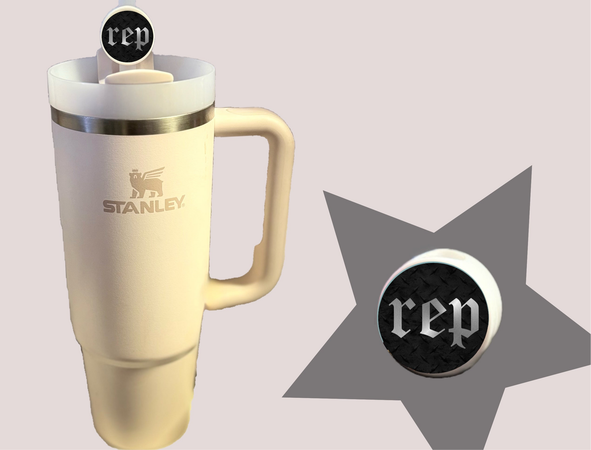 A cream-colored Stanley tumbler with a handle and lid features REP | Taylor Swift Straw Topper by Kreative Kreationz: a silicone round knob labeled "rep." To the right, a larger "rep" topper is displayed against a star-shaped background.