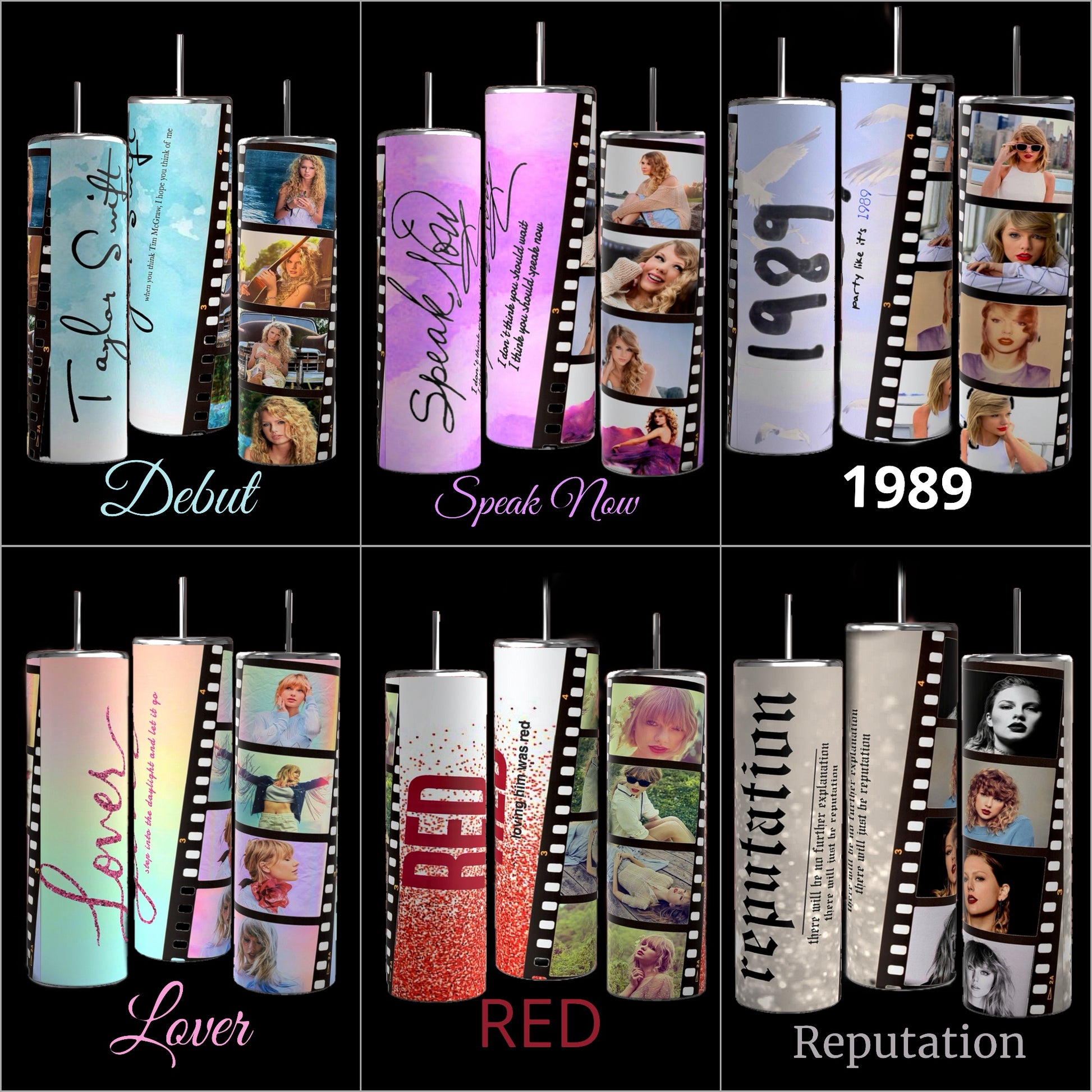 Three Taylor Swift ERAS 20oz Tumblers by Kreative Kreationz against a black background showcase images and text, resembling a film strip with photos of Taylor Swift in various outdoor settings. The word "RED" is prominently displayed on the left, and "nothing but the film was red" is written vertically on the middle tumbler.