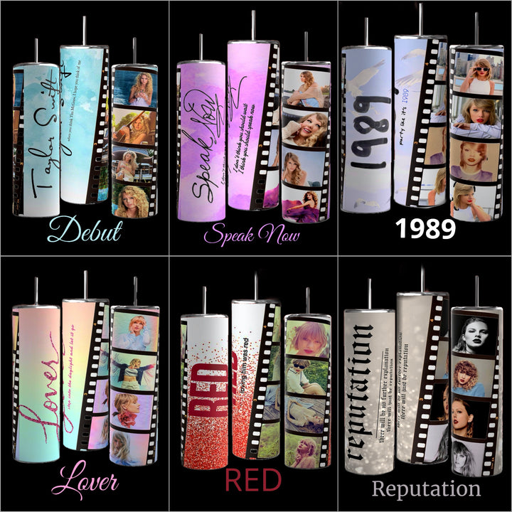 Three Taylor Swift ERAS 20oz Tumblers by Kreative Kreationz against a black background showcase images and text, resembling a film strip with photos of Taylor Swift in various outdoor settings. The word "RED" is prominently displayed on the left, and "nothing but the film was red" is written vertically on the middle tumbler.