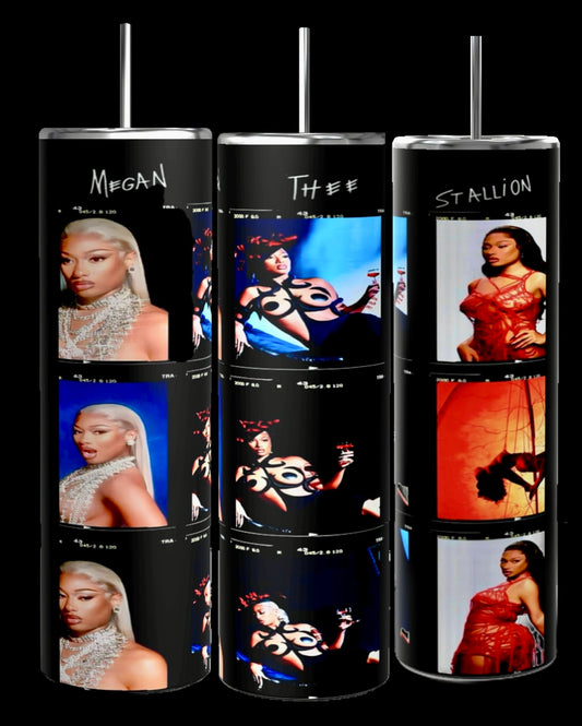 Three tall, cylindrical Megan Thee Stallion 20oz Skinny Stainless Steel Tumblers from Kreative Kreationz are shown, each featuring images of a woman in various glamorous outfits. The words "Megan," "Thee," and "Stallion" are written in white at the top of each black-background tumbler, respectively.