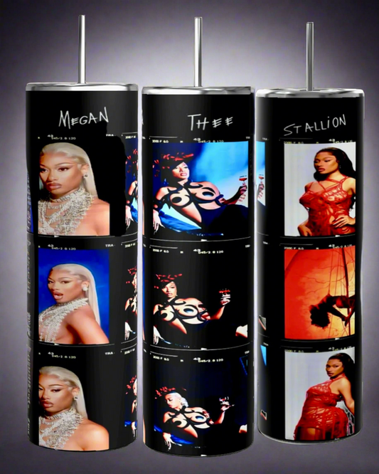 The Megan Thee Stallion 20oz Skinny Stainless Steel Tumblers by Kreative Kreationz feature chic images on three tumblers labeled "Megan," "Thee," and "Stallion." Topped with metallic straws, they sit against a soft gradient background, combining style with eco-friendly design.